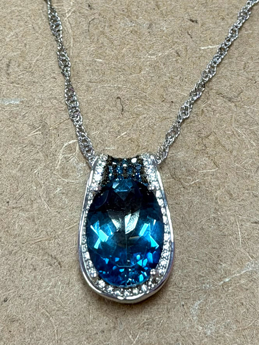 Sterling Silver Blue Topaz Blue Diamond White Zircon Pendant Necklace New JTV