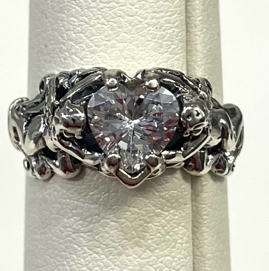 Sterling Silver Kabana Two Angels Ring With a Beautiful Heart Shaped CZ Size 9