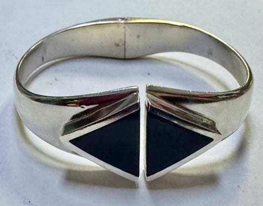 Taxco Sterling Silver Black Onyx Clamper Bangle Bracelet