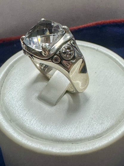 John Hardy Sterling Silver White Topaz Cushion Cut Bamboo Batu Ring Size 7