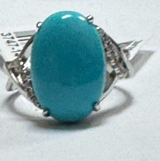 New w Tags Sterling Silver Sleeping Beauty Turquoise Ring .10cttw Diamond Size 8