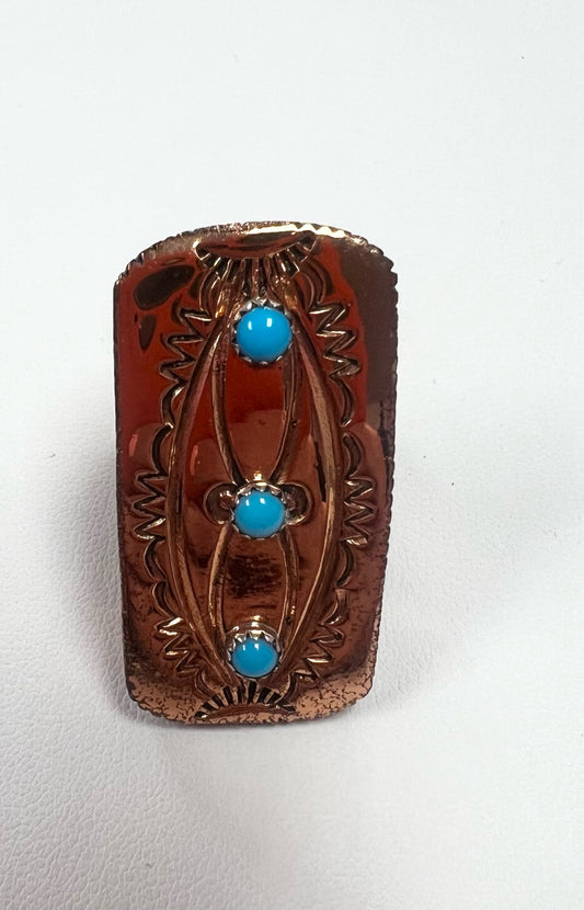 Running Bear Copper over 925 sterling stamped turquoise Southwest ring Size 7