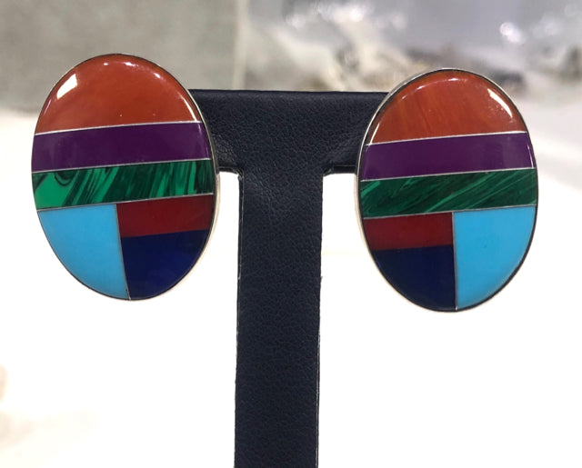 Willie Saiz WS Signed Navajo Oval Sterling Silver Multistone Inlay Stud Earrings