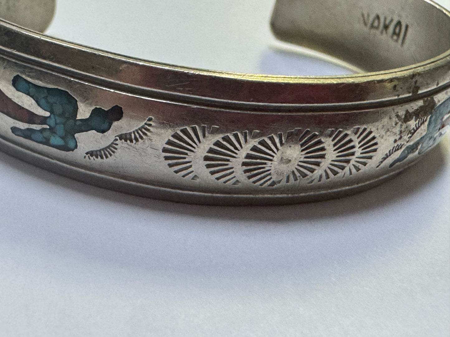 Navajo Bracelet Silver Inlaid Turquoise Cuff Signed NAKAI C.80's Peyote Birds
