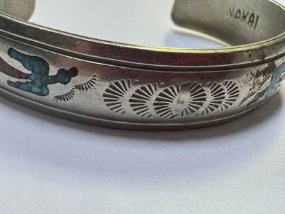 Navajo Bracelet Silver Inlaid Turquoise Cuff Signed NAKAI C.80's Peyote Birds
