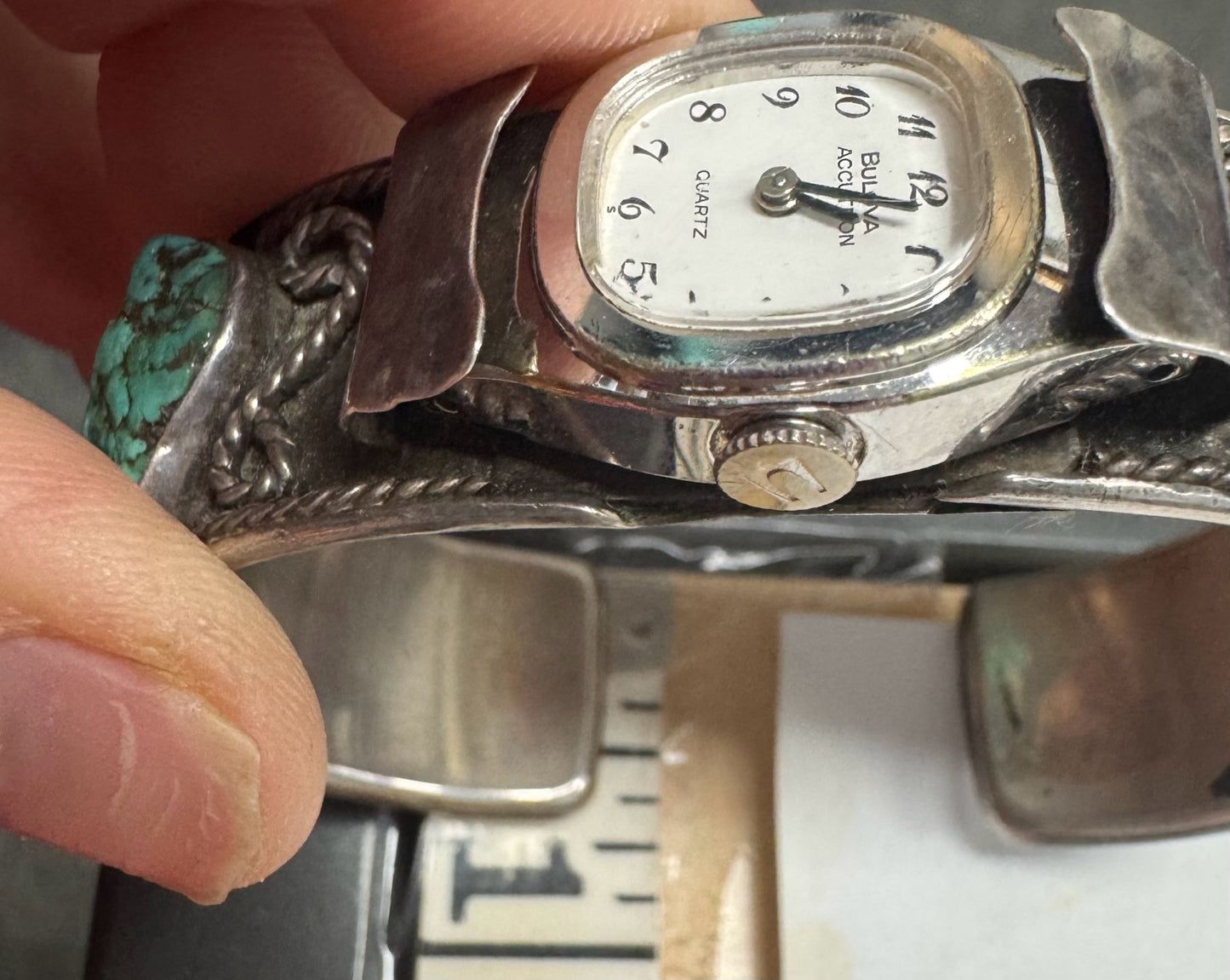Vintage Sterling Silver Cuff Turquoise Watch Bulova Accutron New Battery