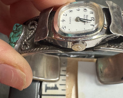 Vintage Sterling Silver Cuff Turquoise Watch Bulova Accutron New Battery