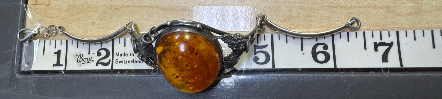 Vintage Sterling Silver Hinged Bangle 7" Bracelet Natural Baltic 1.28" Amber