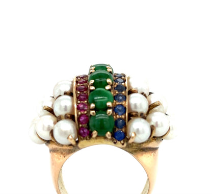 Art Deco 14ky Bombe Pearl Jade Ruby Sapphire Cluster Vintage Ring Size 7