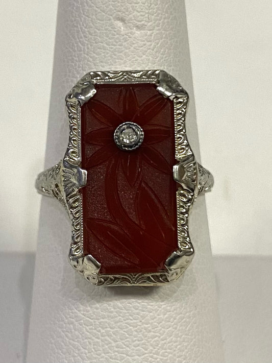 14k White Gold Antique Ostby Barton OB Ring Size 7.5 Carved Gemstone