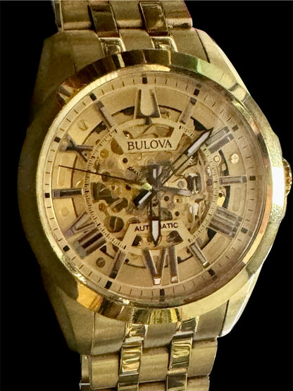 Bulova Sutton Automatic 97A162 Skeleton Dial Gold Tone Men's Watch
