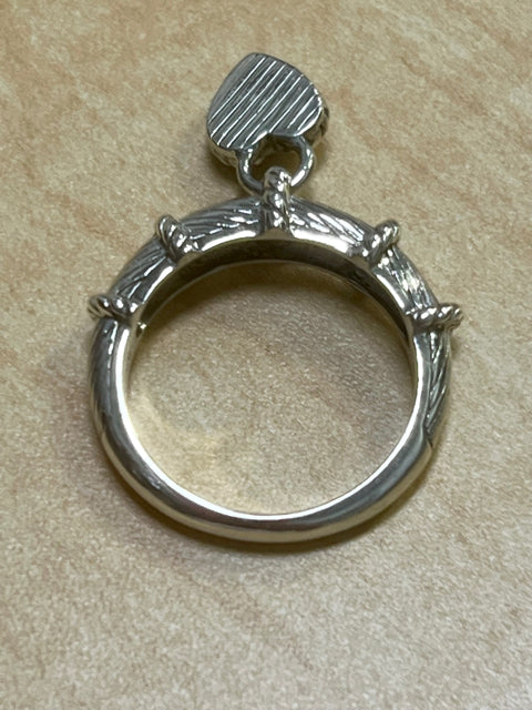 Judith Ripka Sterling Silver Diamonique Dangle Heart Charm Cable Ring Size 7.75