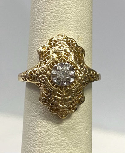 14k Yellow Gold Vintage Diamond Filigree Antique Ring Size 5.75