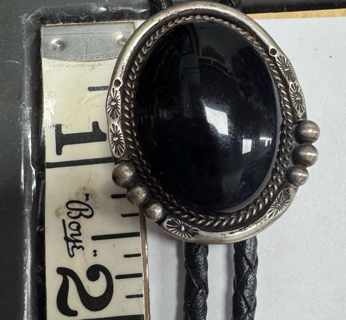 Sterling Silver Onyx Navajo Vintage Native American 1.5" x 1.25" Bolo Tie