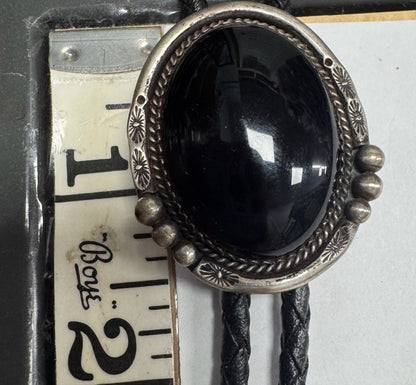 Sterling Silver Onyx Navajo Vintage Native American 1.5" x 1.25" Bolo Tie