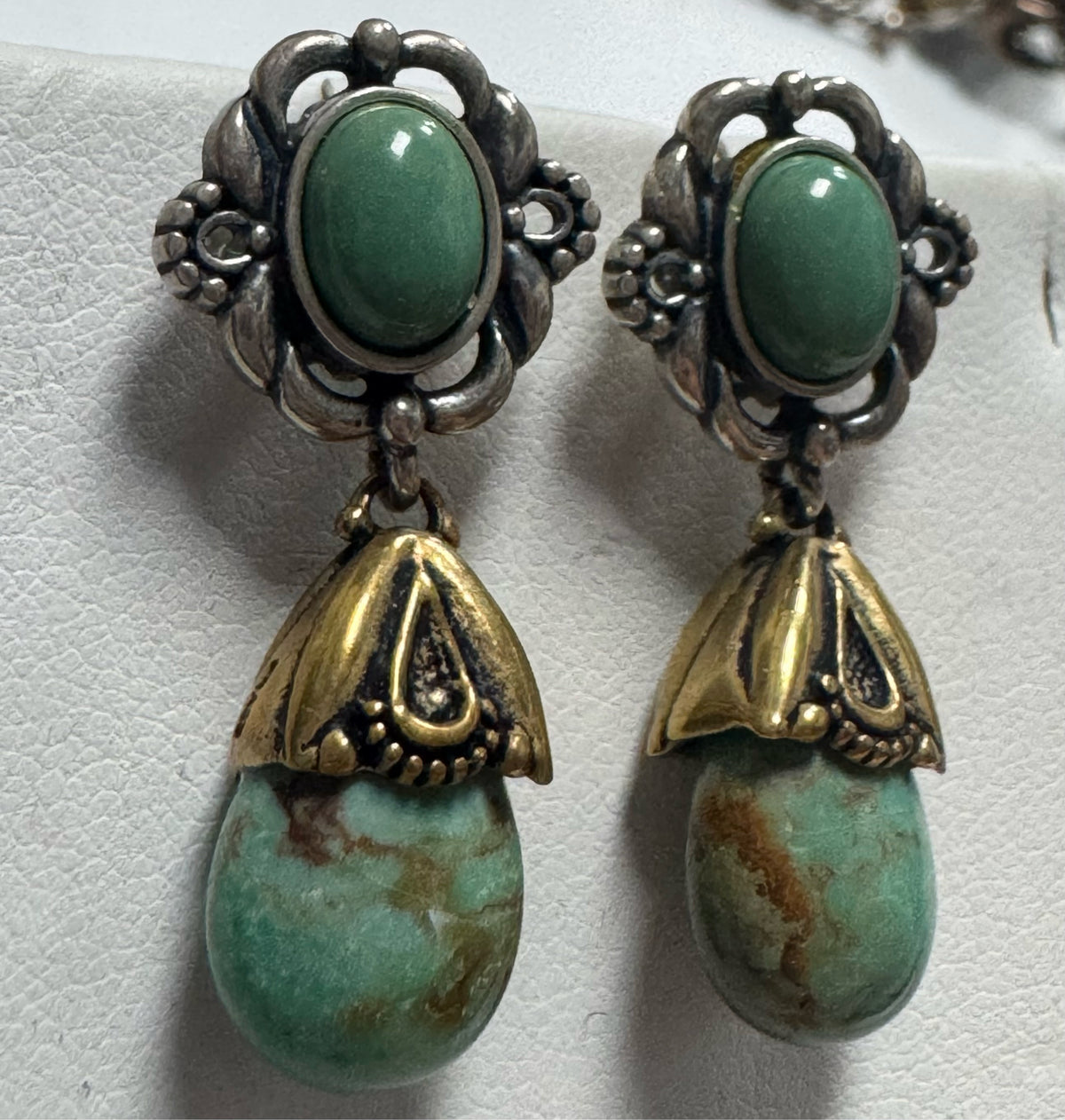 Carolyn Pollock Sterling Silver & Brass Green Turquoise 1.25" Dangle  Earrings