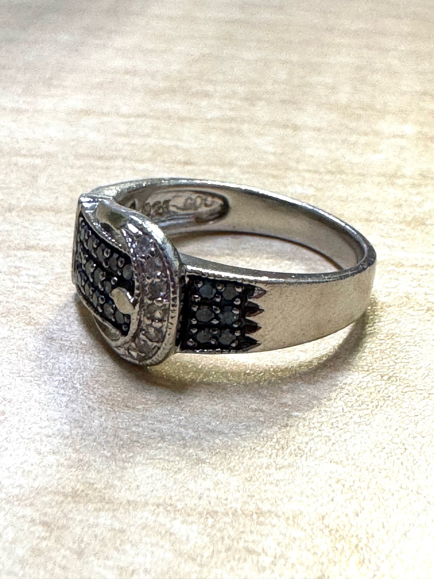 WHITE & BLUE DIAMOND STERLING SILVER BELT BUCKLE RING .35 CARAT SIZE 7