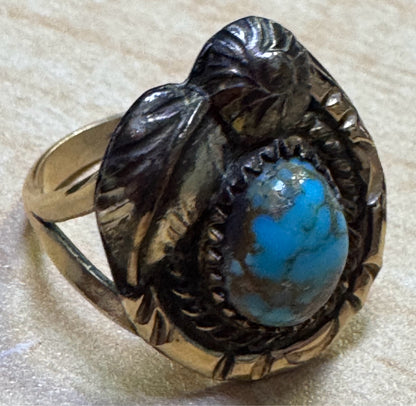 Gold Filled Native American Turquoise Ring Signed T.B. Size 7.5 Leaves