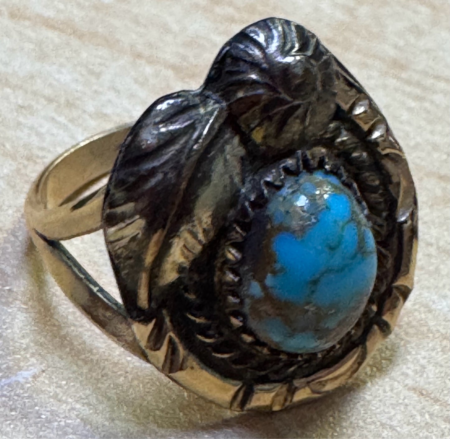 Gold Filled Native American Turquoise Ring Signed T.B. Size 7.5 Leaves