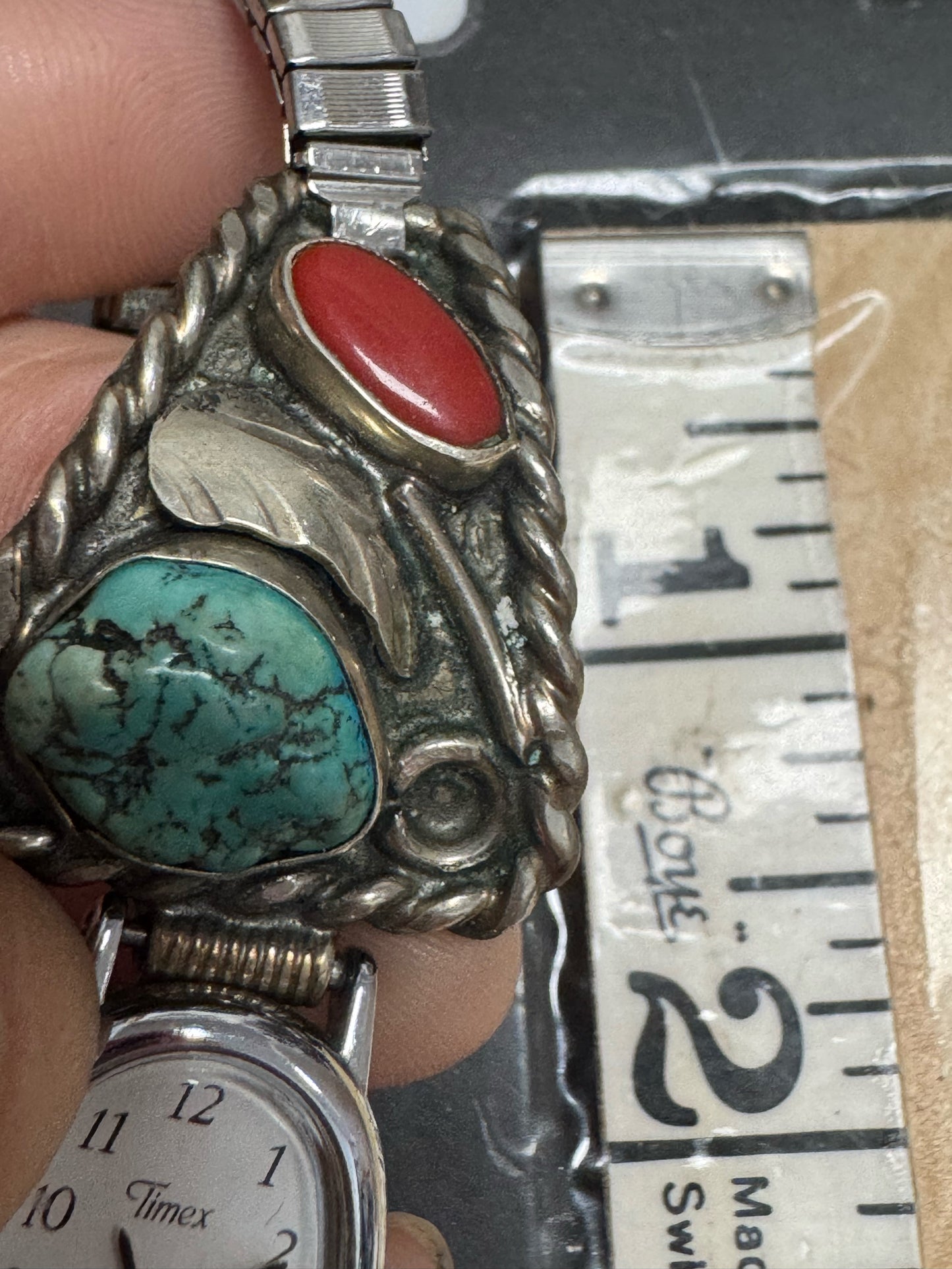Sterling Silver Watch Tips Turquoise & Coral Made in Mexico Timex Watch