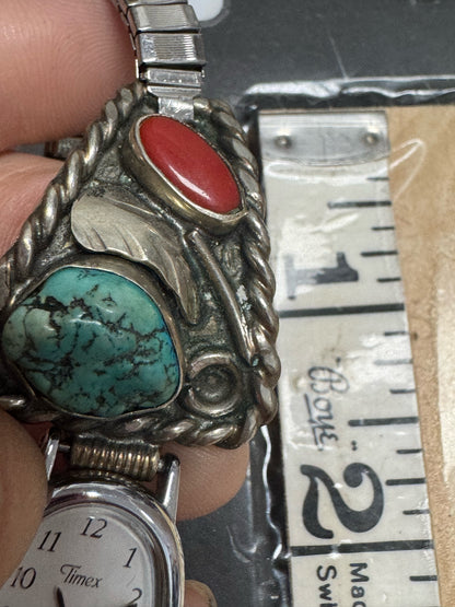 Sterling Silver Watch Tips Turquoise & Coral Made in Mexico Timex Watch