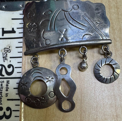 Vintage Taxco Sterling Silver Brooch Pin Dangles Tv-52 Mexico