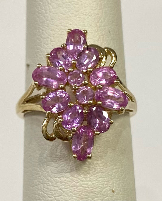 14k Yellow Gold Pink Sapphire Cluster Ring Size 6