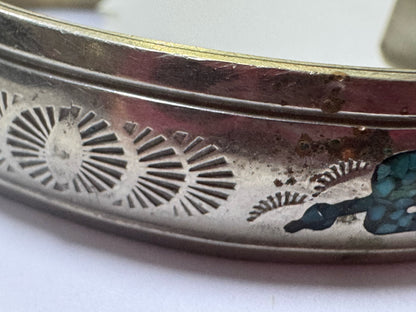 Navajo Bracelet Silver Inlaid Turquoise Cuff Signed NAKAI C.80's Peyote Birds