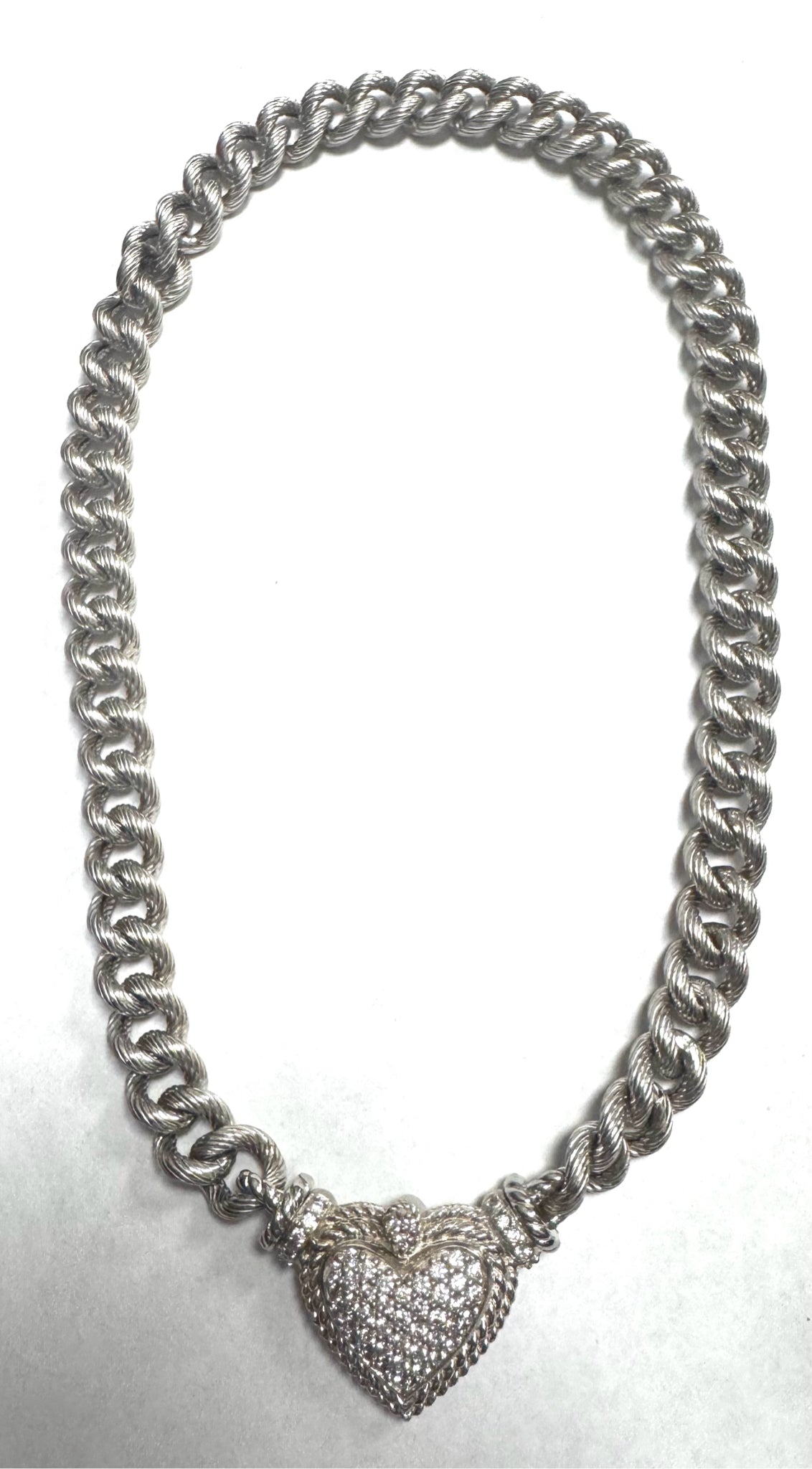 Judith Ripka Sterling Silver CZ Cubic Zirconia Heart 18" Necklace Rolo Chain 83g