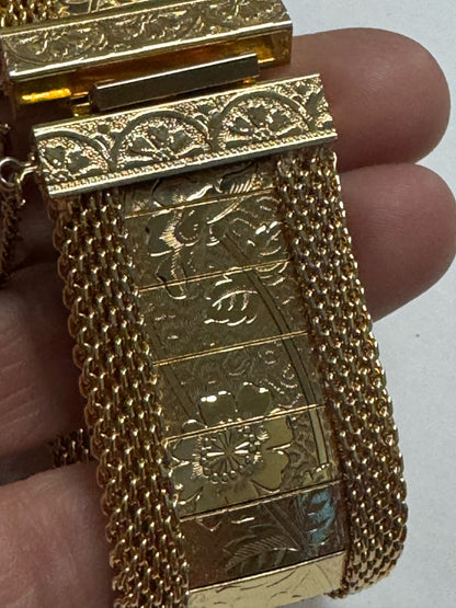HOBE Floral Etched Goldtone Mesh Vintage Panel Bracelet 1” Wide w/Safety