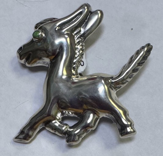 Sterling Silver Brooch Pin Donkey Baby Mule Jade Eye Mexico 2.15"