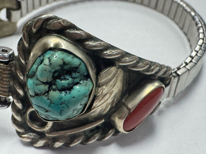 Sterling Silver Watch Tips Turquoise & Coral Made in Mexico Timex Watch