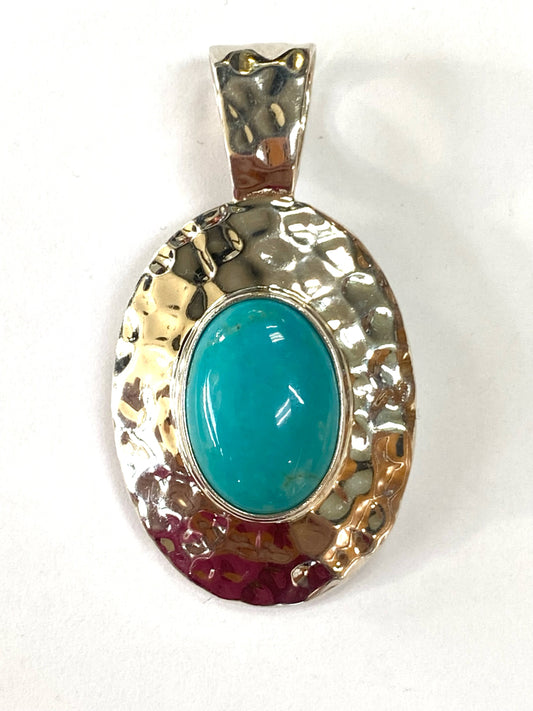 Dakota West Shube  Hammered Sterling Sleeping Beauty Turquoise Pendant 2" x 1"