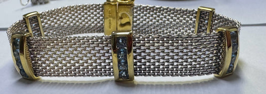 Sterling Silver Bracelet 7.25" Blue Topaz Two Tone