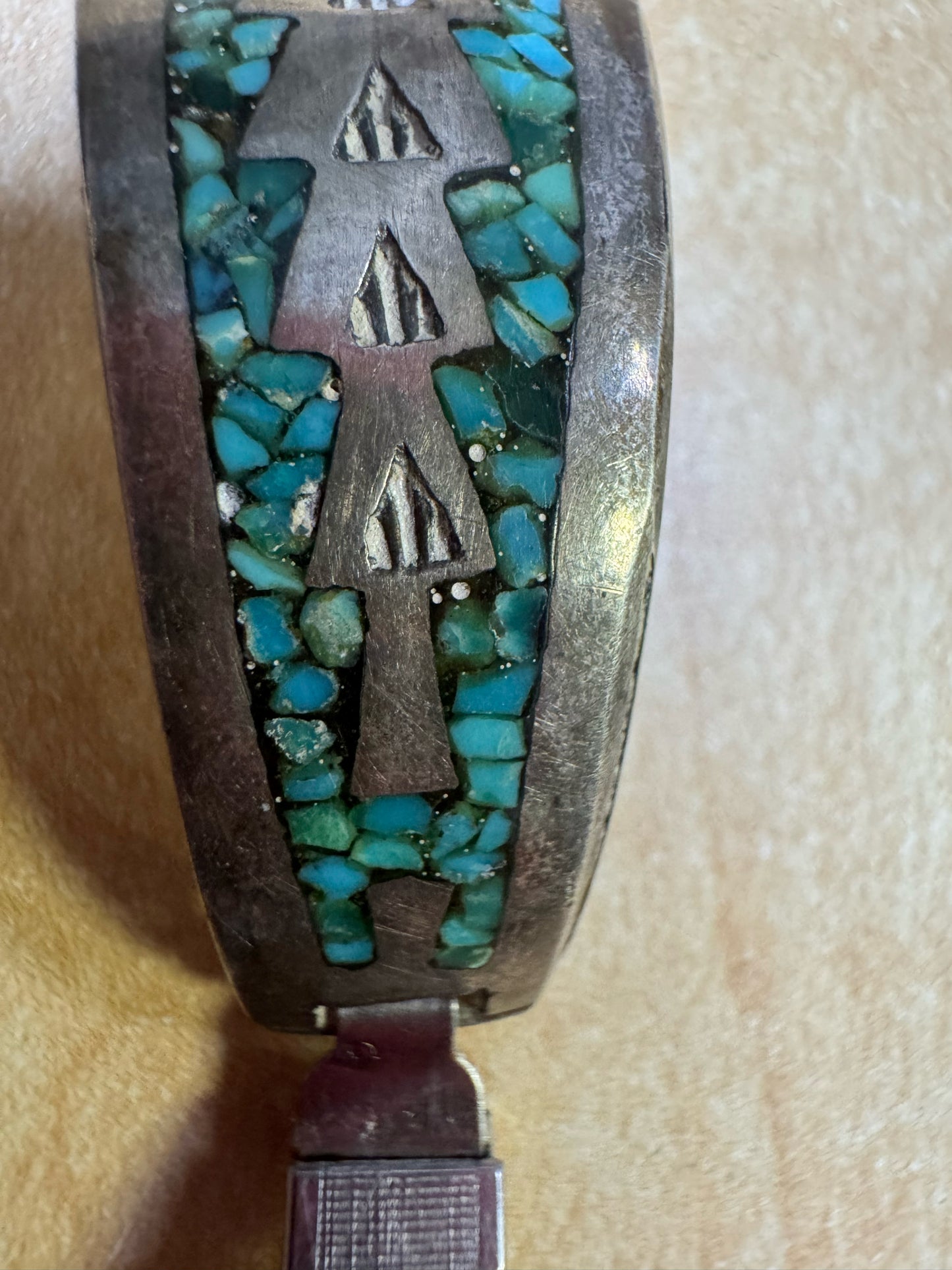 Silver Native American Inlaid Chip Turquoise Stretch Watch Band