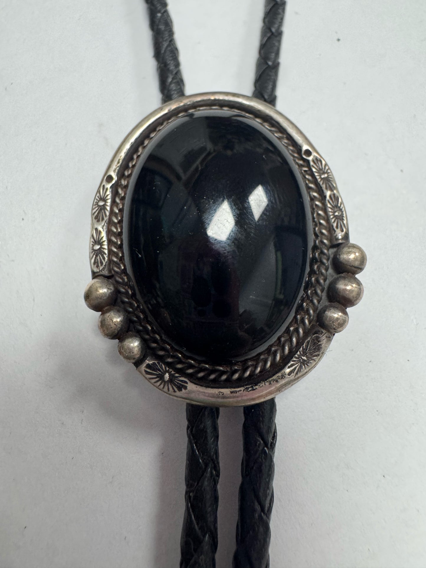 Sterling Silver Onyx Navajo Vintage Native American 1.5" x 1.25" Bolo Tie