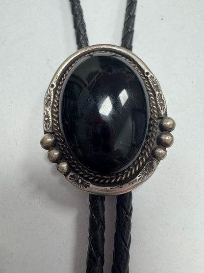 Sterling Silver Onyx Navajo Vintage Native American 1.5" x 1.25" Bolo Tie