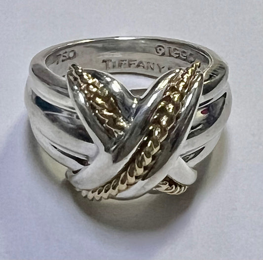 1990 Tiffany & Co Signature X Ring 18k Gold & Sterling Silver Size 5.75