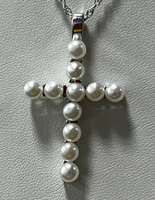Sterling Silver Pearl Cross Pendant Necklace New JTV