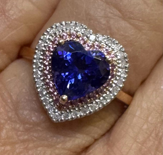 New 14k Rose Gold Ring Lab Created Tanzanite Heart  Double Halo SZ 8 JTV