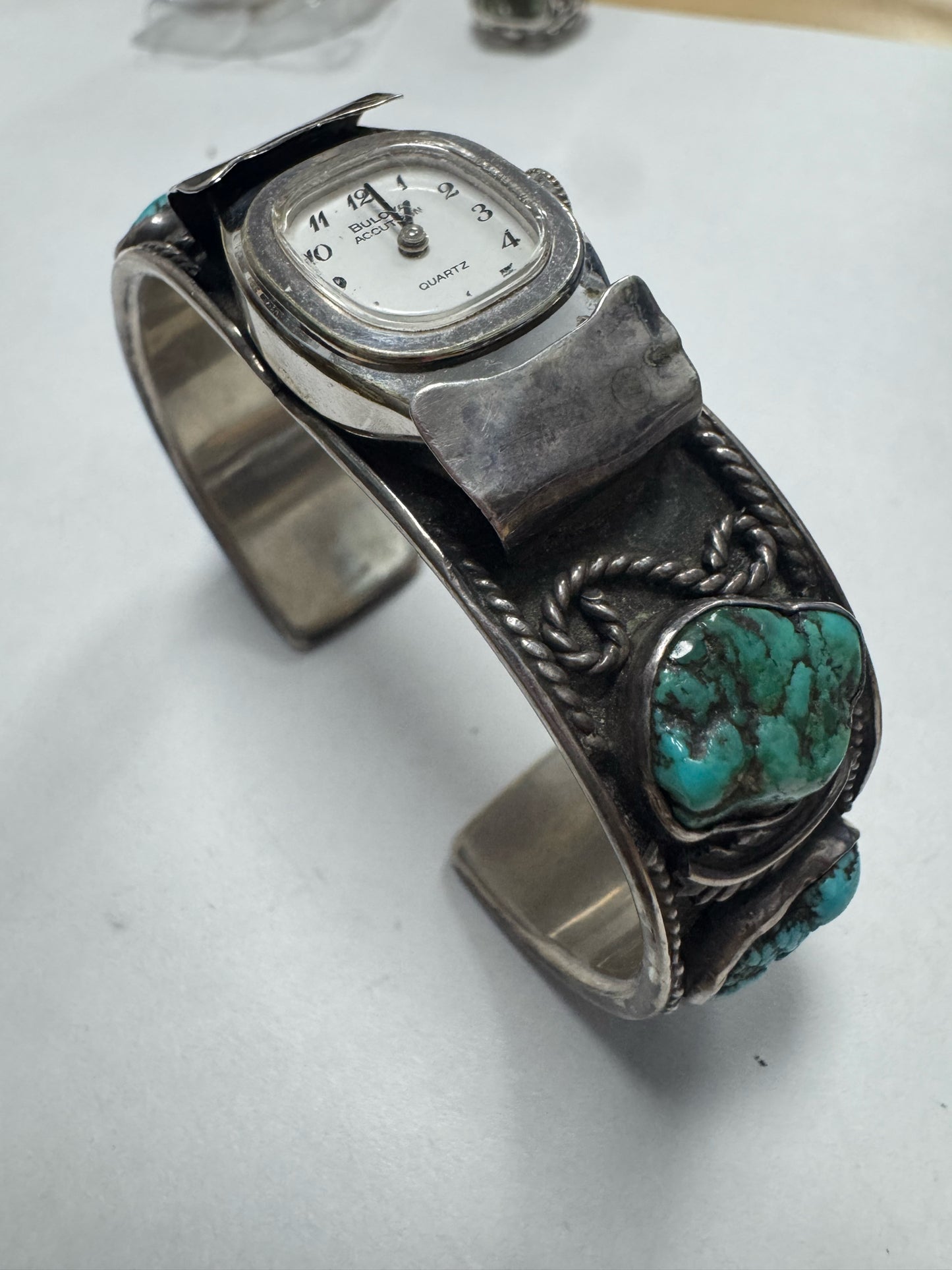 Vintage Sterling Silver Cuff Turquoise Watch Bulova Accutron New Battery