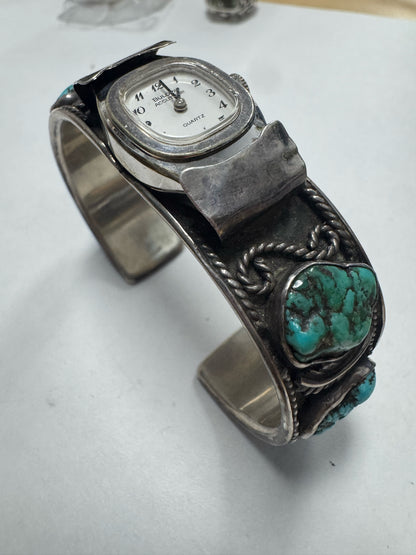 Vintage Sterling Silver Cuff Turquoise Watch Bulova Accutron New Battery