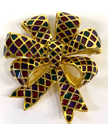 Joan Rivers Vintage Enameled Bow Red Green Purple Brooch Pin 2.21" x 1.96"