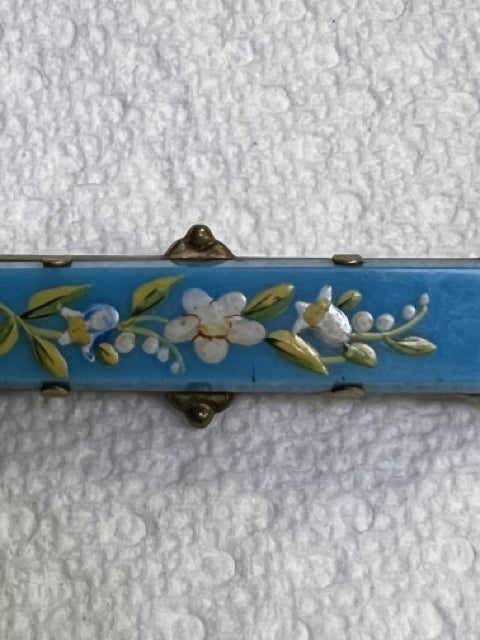 Victorian Gold Filled Painted Flowers Turquoise 2.25" x .60" Brooch Pin