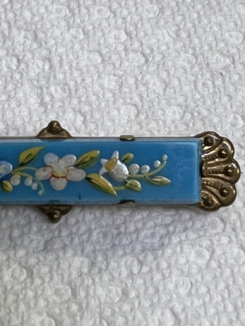 Victorian Gold Filled Painted Flowers Turquoise 2.25" x .60" Brooch Pin