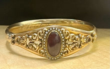 Load image into Gallery viewer, Antique Gold Filled Art Noveau Bangle Bracelet Garnet Seed Pearls c1911 D &amp; C
