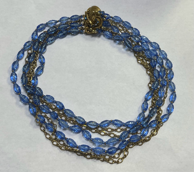 Miriam Haskell Signed Blue Multi Strand Choker Necklace Mid Century 14"-18" Long