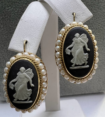 14k Yellow Gold Black Angel Wedgwood Pearl Earrings 8.8 Grams 1.07" x .77"