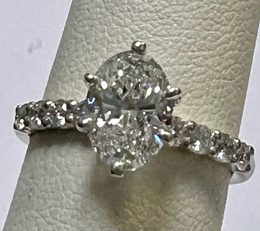 14kw Lab Diamond Ring 1.53 Center Oval w/ Side Diamonds Weighing .40cttw VVS2 D