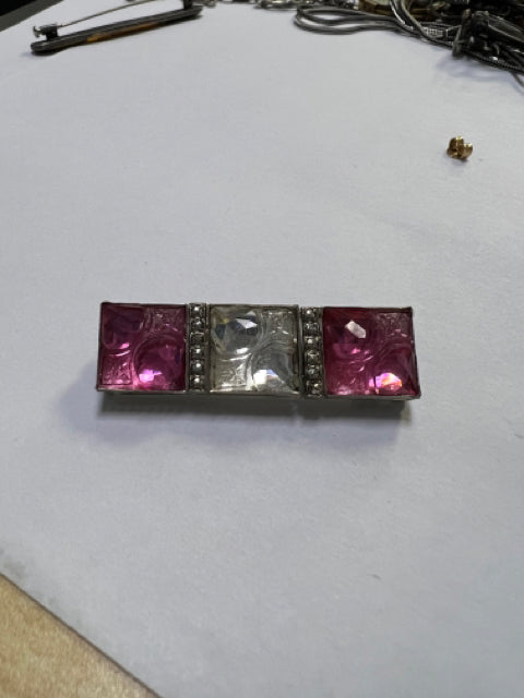 Art Deco Czechoslovakia Pink Bar 1.75" Silver Carved Stone Pin Brooch Antique